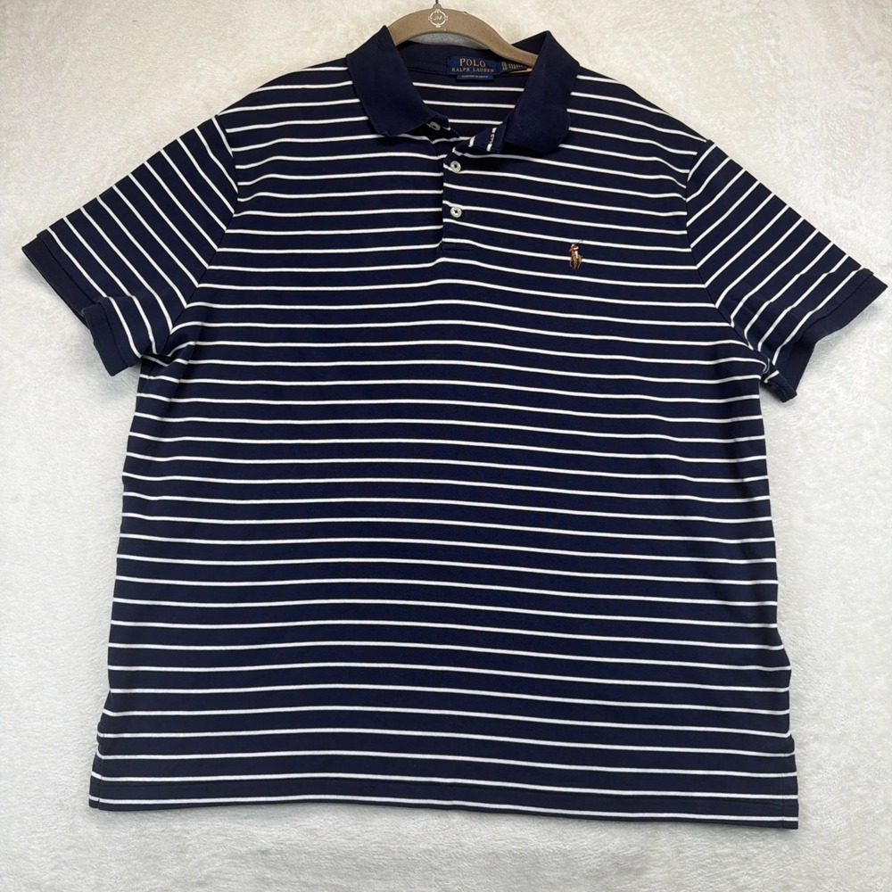 Polo Ralph Lauren Polo Shirt Mens XL Custom Slim Fit Navy White Stripe Pony